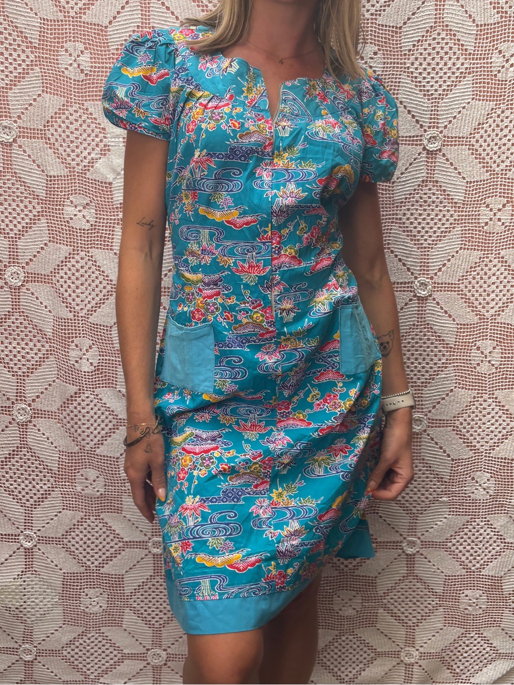 Vintage 1970s Tropical Print Belted Dress